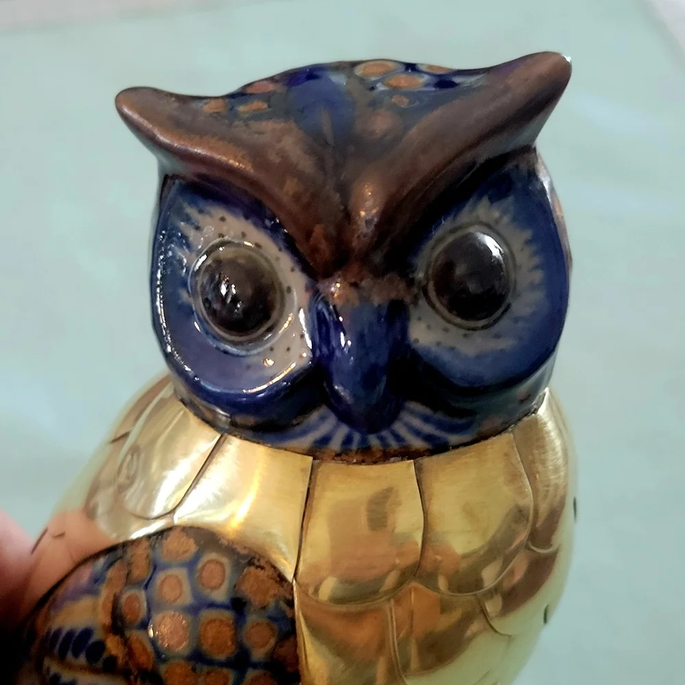Vintage,Brass, and Ceramic Figurine Blue and Gold Owl Figurine